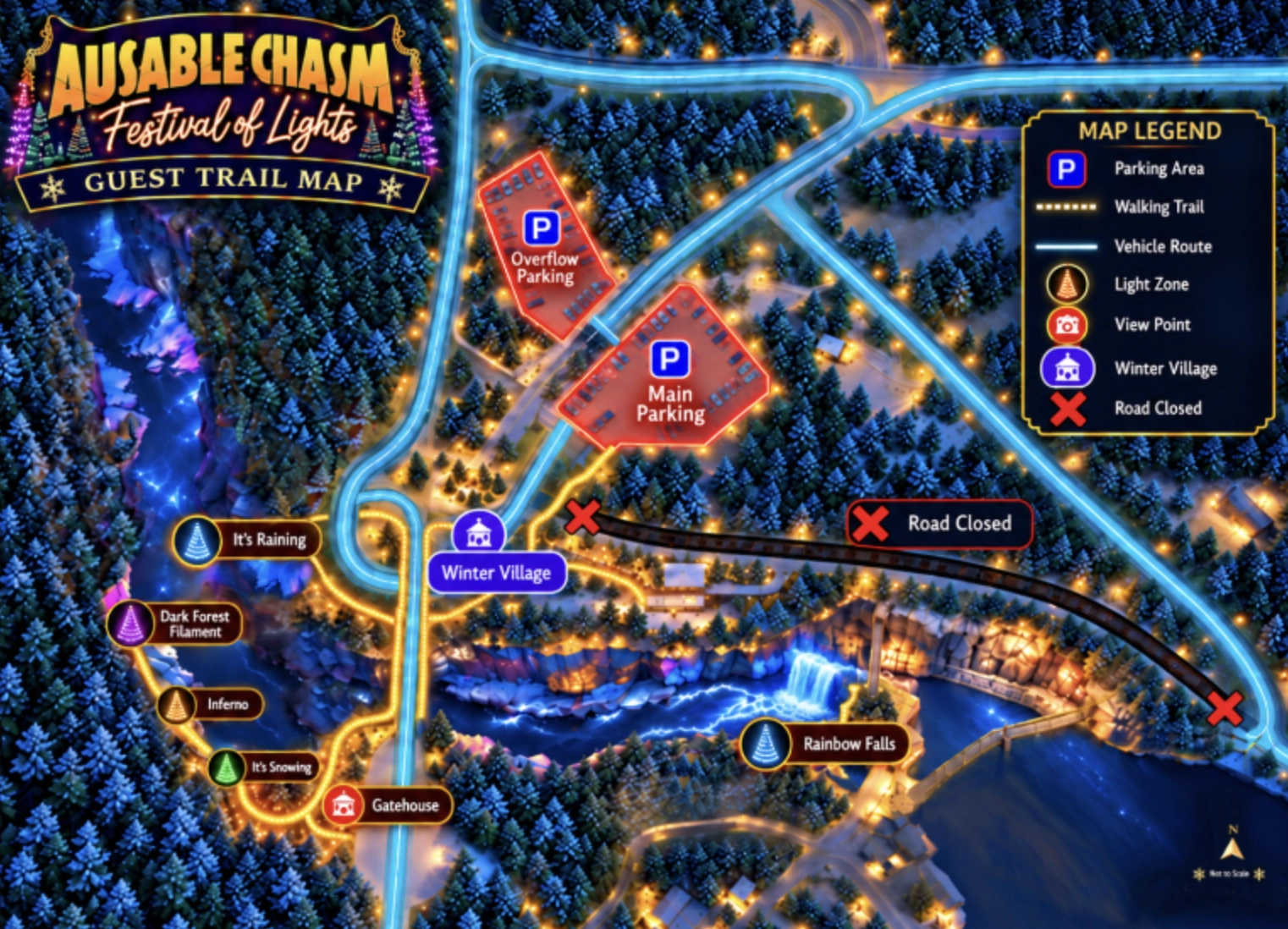 Ausable Chasm winter lights map